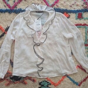 Zara Cream Crinkle Chiffon Sheer Ruffle Blouse with Black Trim